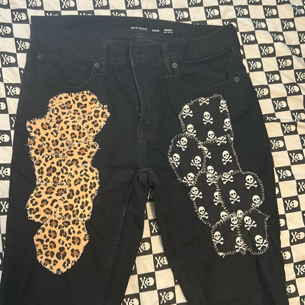 32 x 32 skinny jeans with hand stitched patch work designs